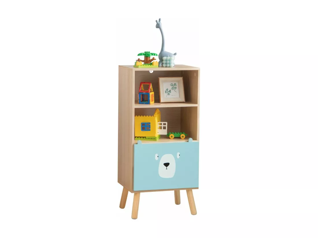 Meuble de Rangement Jouet Enfants à 3 Niveaux avec Tiroir en Forme d’Ours, Étagère de Rangement en Bois avec Dispositif Anti-basculement, Bibliothèque pour Chambre d'enfants, Salle de Jeux…