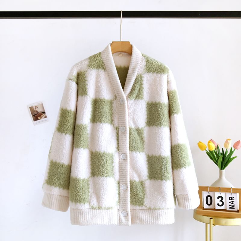 Somnus - V-hals geruite koraalfleece pyjamatop met knoopjes