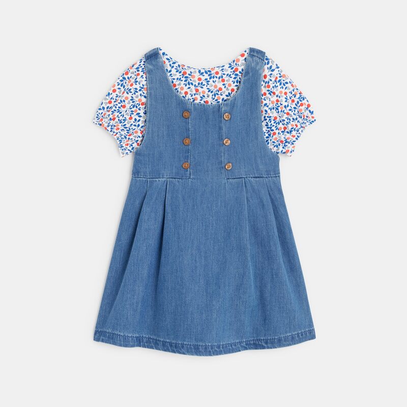 Robe salopette denim léger et t-shirt fleuri bleue bébé fille