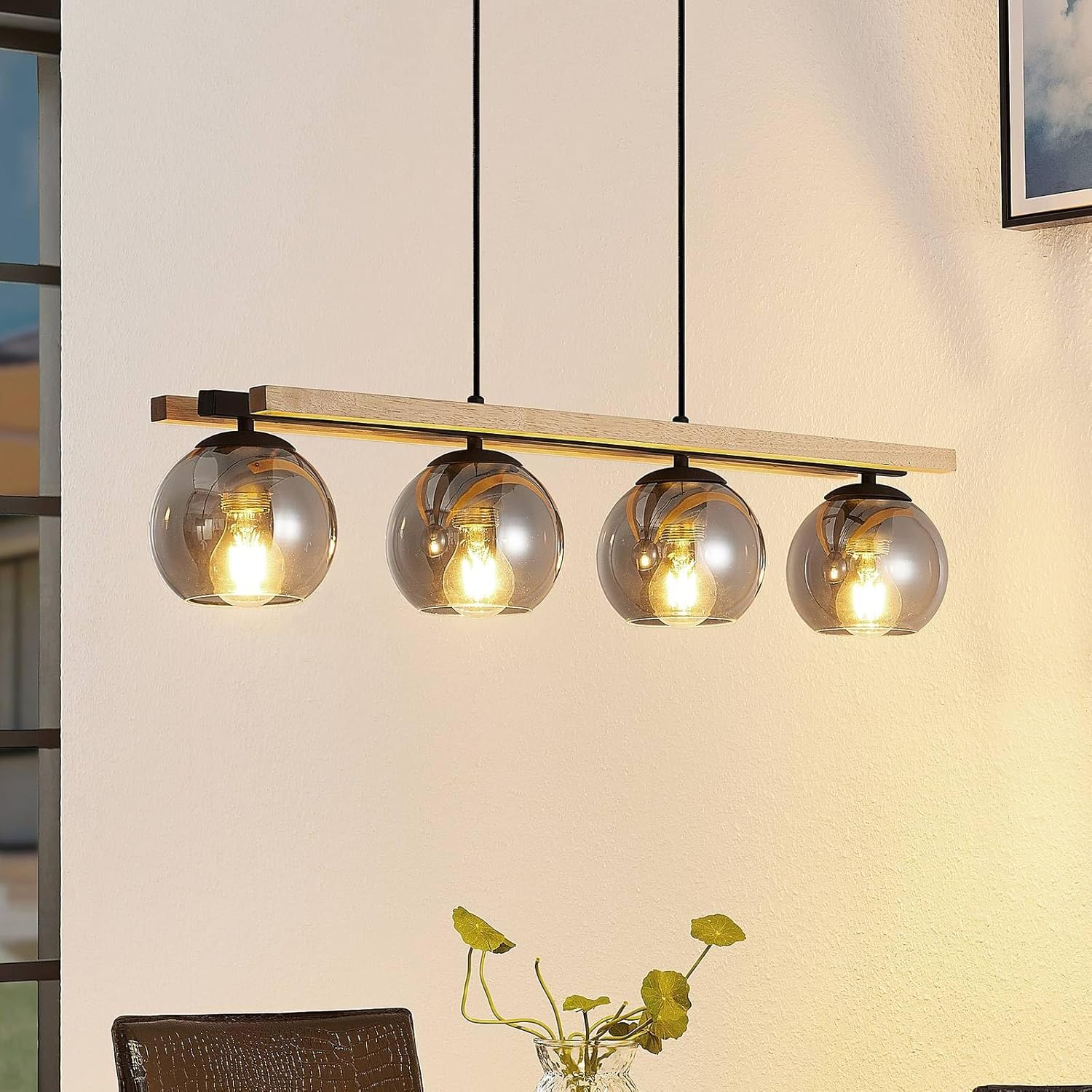 Lindby Esstisch Pendelleuchte Holz, Glas rauchgrau Hängeleuchte Rauchglas Esszimmer 4x E27 ohne Leuchtmittel Hängelampe Wohnzimmer Esszimmerlampe