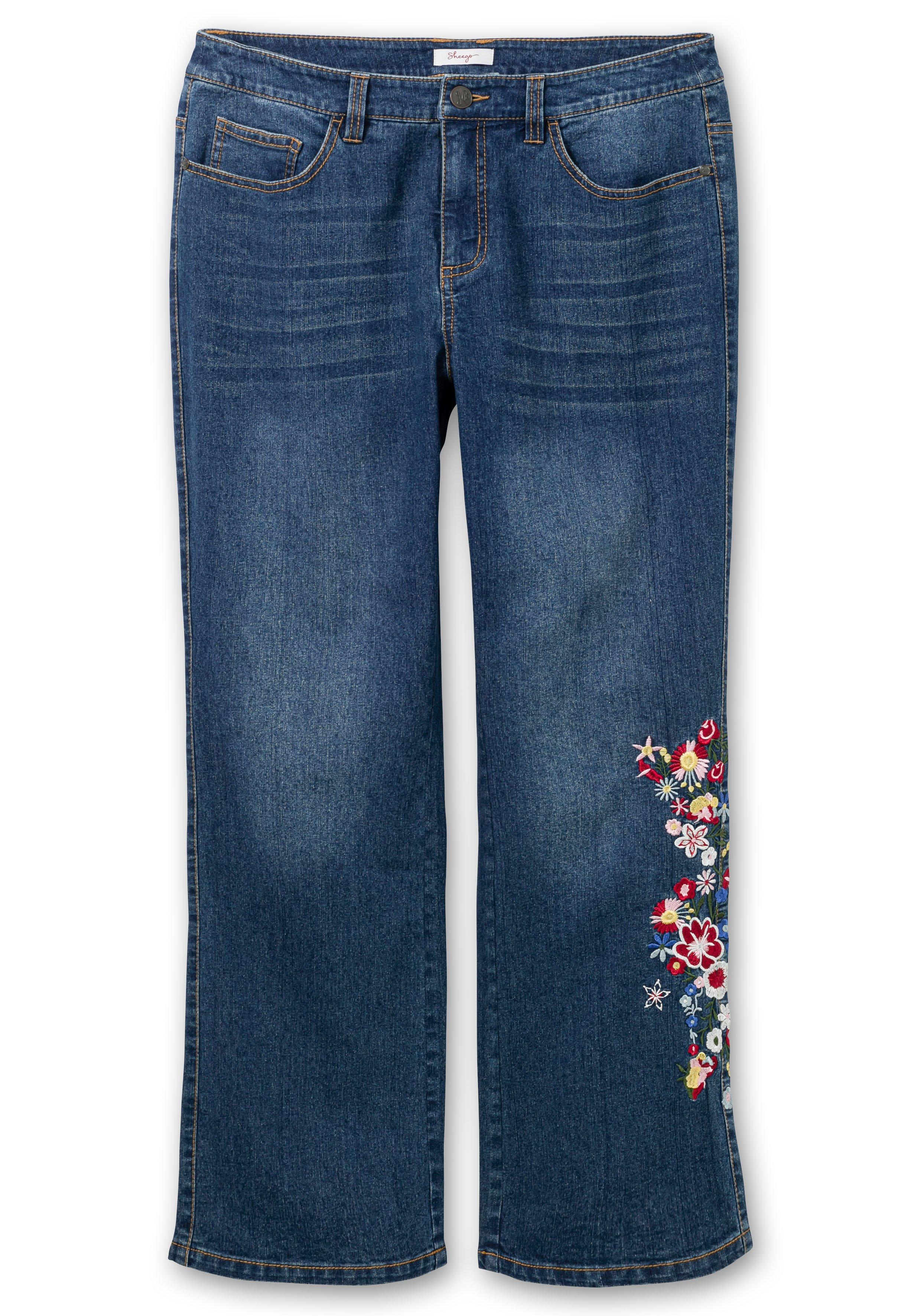 Bootcut-Jeans mit Blumenstickerei seitlich am Bein