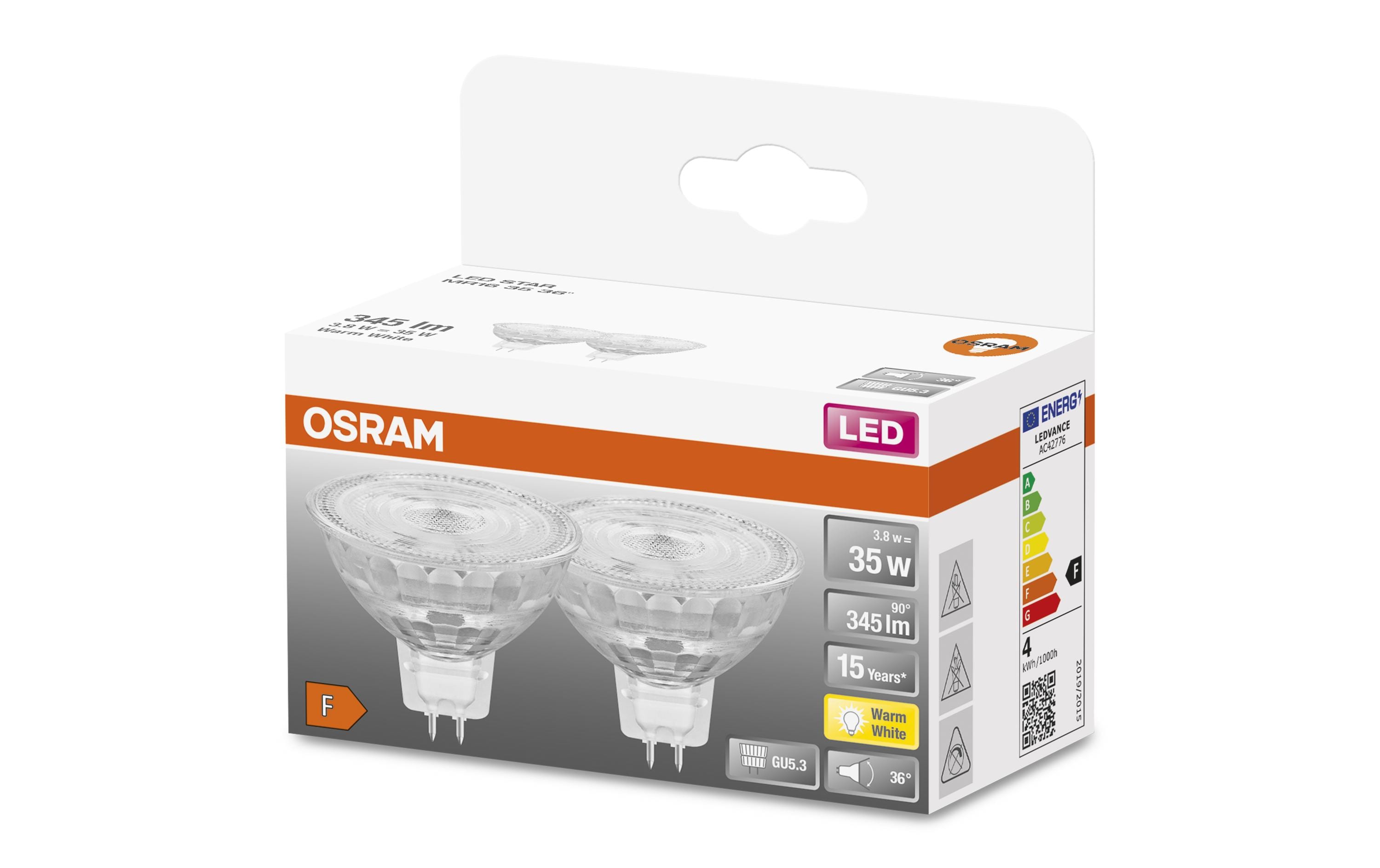 Lampe Star Mr 16 36 °, 3.8W, GU5.3, Warmweiss, 2 StückNiedervolt-LED-Reflektorlampen MR16 mit Retrofit-Stecksockel
