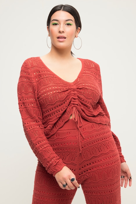 Ajour-Pullover, Loose Fit, Raffband, Wellensaum, Langarm
