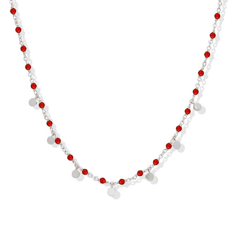 Collier Argent Rhodié Petites Perles Pampilles Et Pierre Onyx Rouge