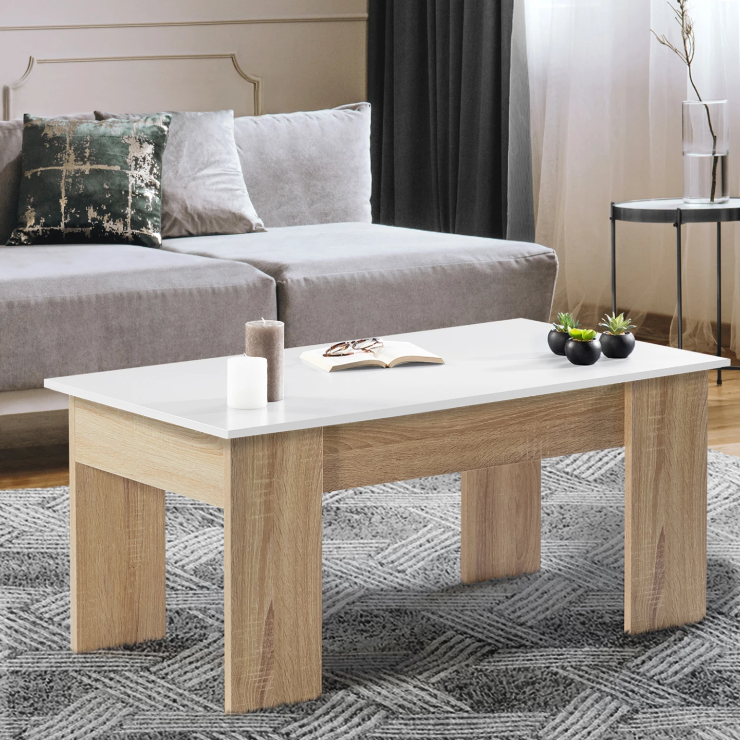 Table basse plateau relevable rectangulaire TARA bois imitation hêtre et blanc