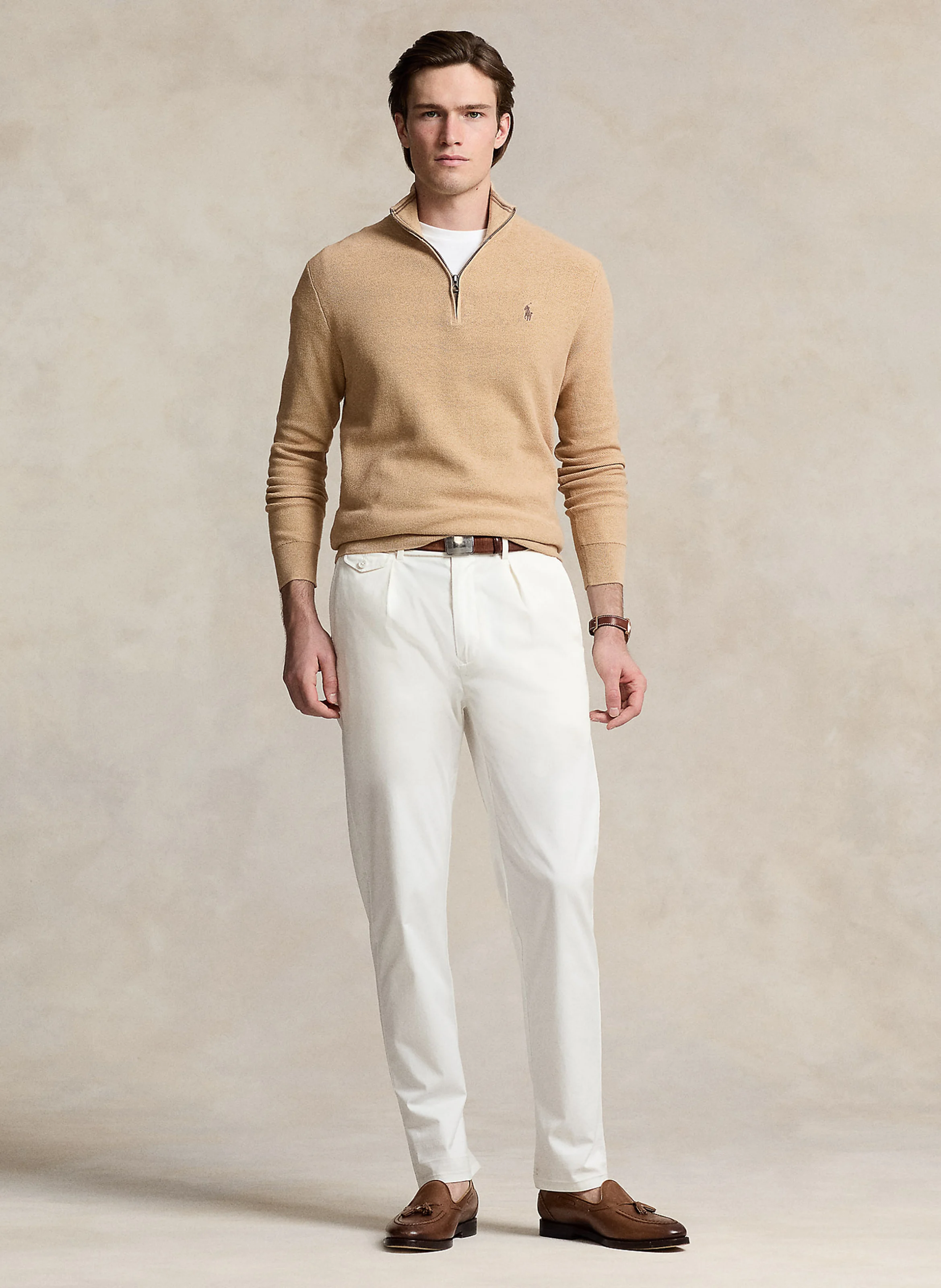 Pull col montant zippé en coton piqué | Beige