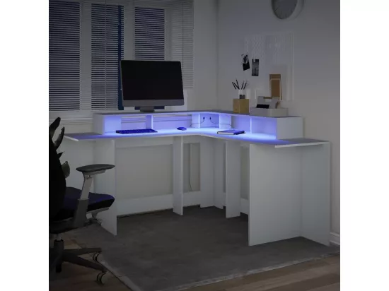 Bureau avec lumières LED blanc 152x152x91 cm bois d'ingénierie