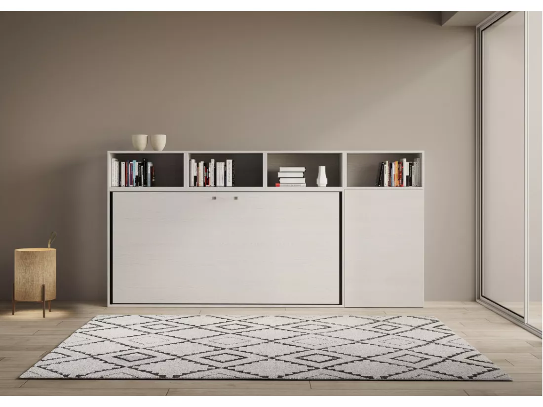 Lit escamotable horizontal blanc Bounto 85x185 avec rangement composition A-1 matelas 85x185