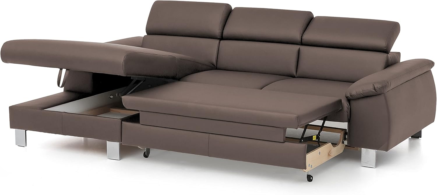 Mivano Ecksofa Micky mit Recamiere / L-Form-Sofa mit Schlaffunktion, Bettkasten und Kopfteilverstellung / 244 x 72 x 166 / Kunstleder, Braun