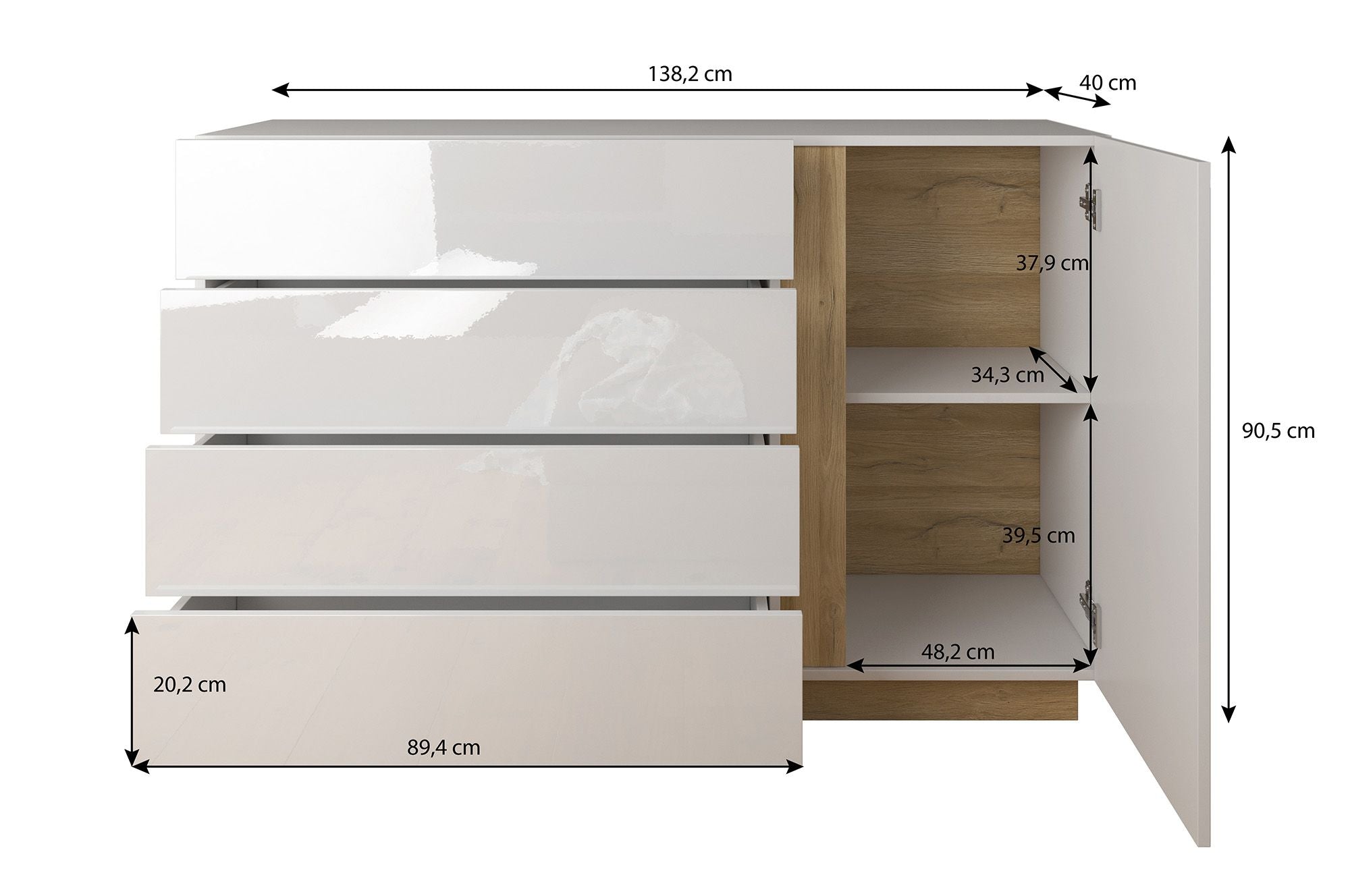 Ashley - Dressoir - Wit/eiken - 138x40x91 cm
