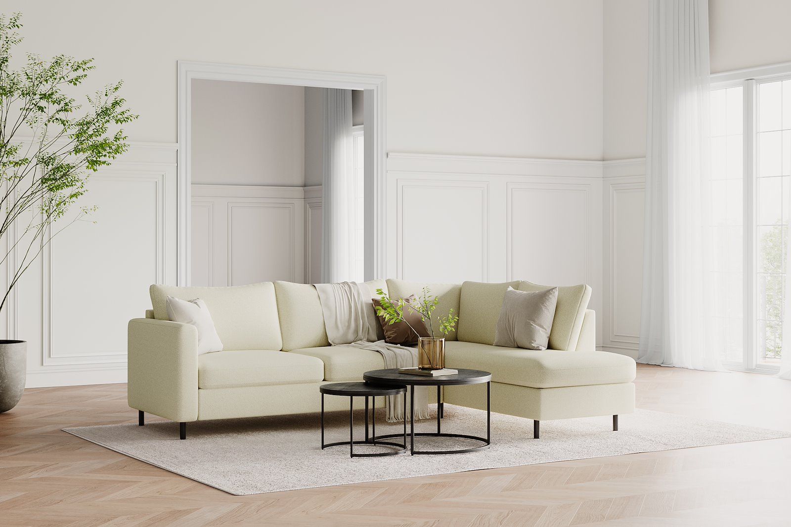 Tempo hjørnesofa Oppsett 11L 3-seter med åpen ende venstre. Tekstil Herbi 50 Beige med sorte ben