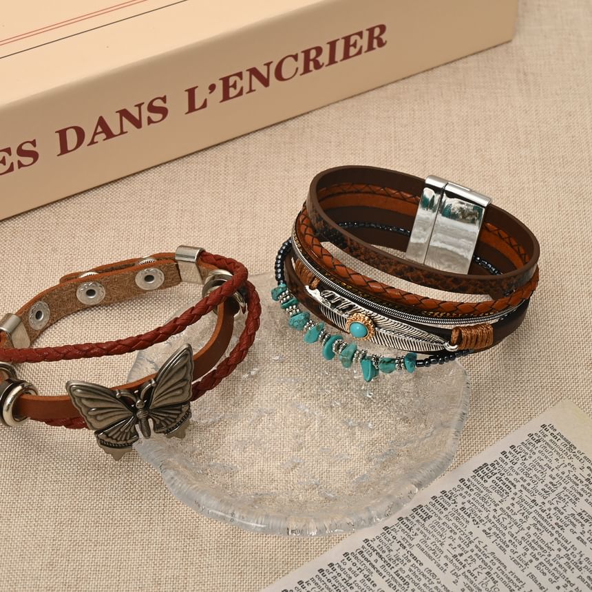Lilafey - Vlinder / Turquoise / Legering Kunstleren Gelaagde Armband (Diverse Ontwerpen)