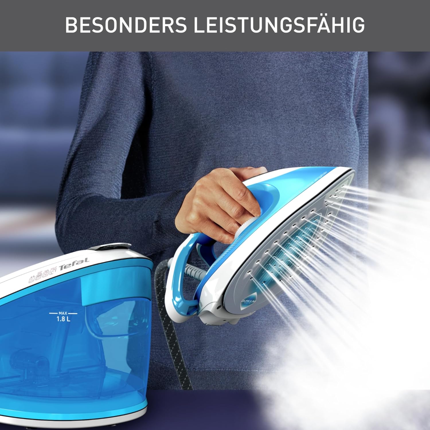 Tefal Express Airglide Dampfbügelstation, 2800 Watt, Durilium Airglide Bügelsohle, 5,9 Bar Pumpendruck, konstante Dampfabgabe: 120 g/Min., Dampfstoß: 380 g/Min., Vertikaldampf, weiß/blau, SV8002