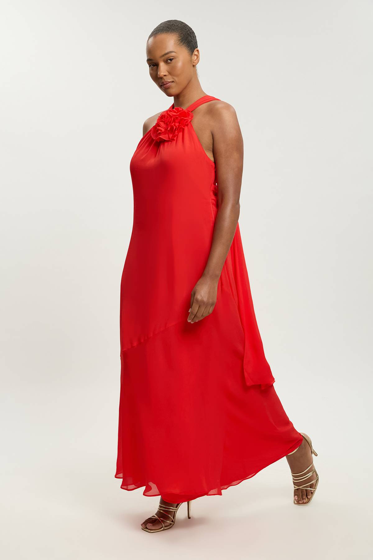 KarenMillen Robe Maxi Grande Taille En Georgette De Viscose À Col Licou Avec Rosette Et Volants