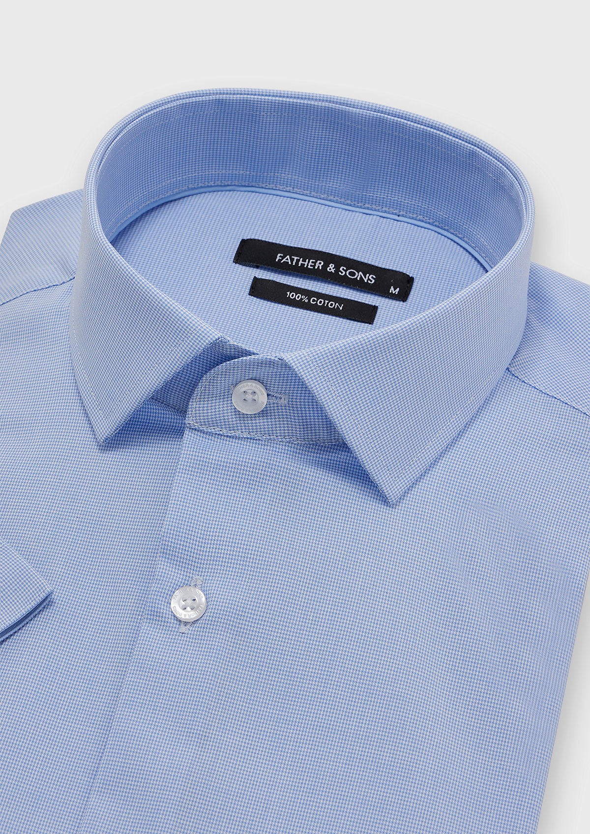 Chemise manches courtes Slim en popeline de coton bleu ciel à motif pied-de-poule