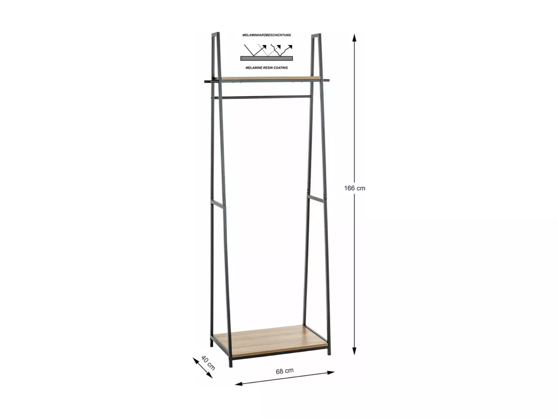 Porte-manteau en bois coloris chêne et métal coloris noir - Longueur 68 x profondeur 40 x hauteur 166 cm