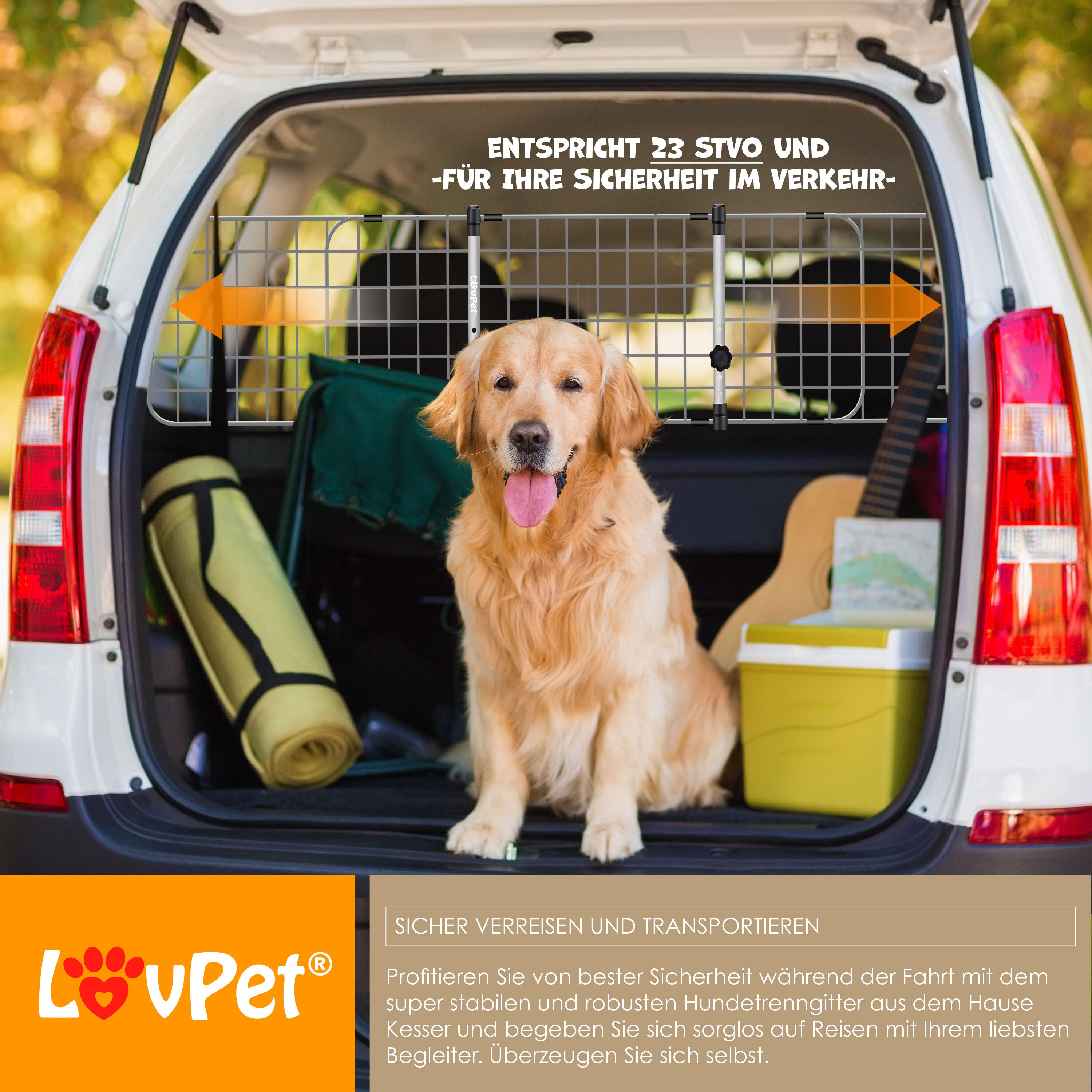 LovPet® Hundegitter Auto, Autoschutzgitter Trenngitter Universal, verstellbare Breite, Kopfstütze Kofferraum Autogitter Maße HxB 30 x 91-153 cm Kofferraumgitter,+ 2x Sicherheitsgurt für Hunde
