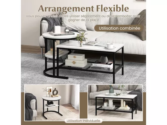 Tables Basses Gigognes Lot de 2, Table Gigogne Design Marbre, Cadre en Métal, Table Salon Rectangulaire, Table d'Appoint Ronde pour Canapé, Salon, Chambre