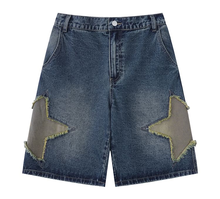 CHIC ERRO - Middelhoge denim shorts met geborduurde patchwork en stermotief