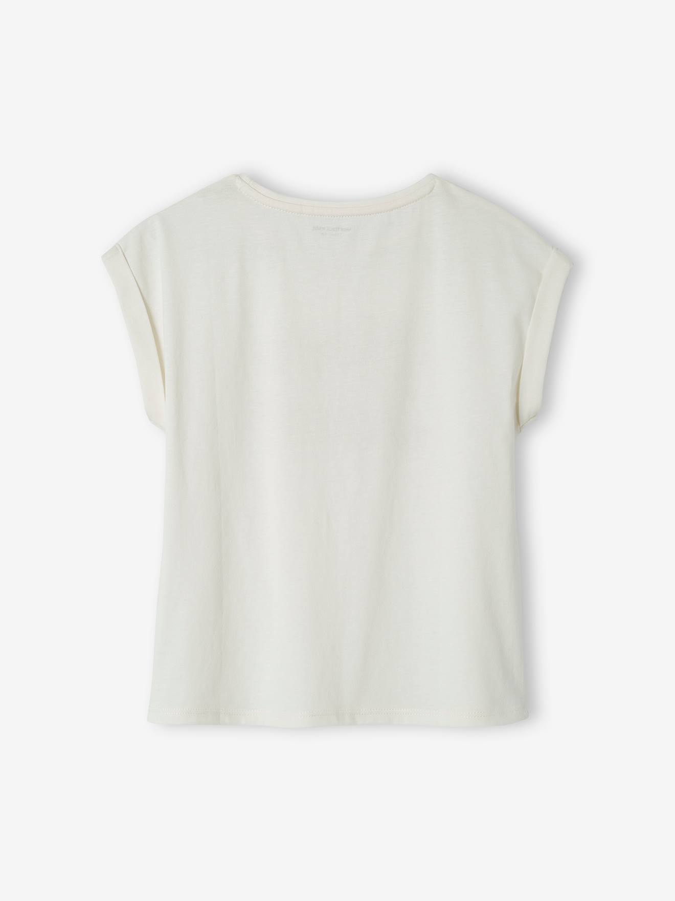 Camiseta infantil off-white com estampa floral.