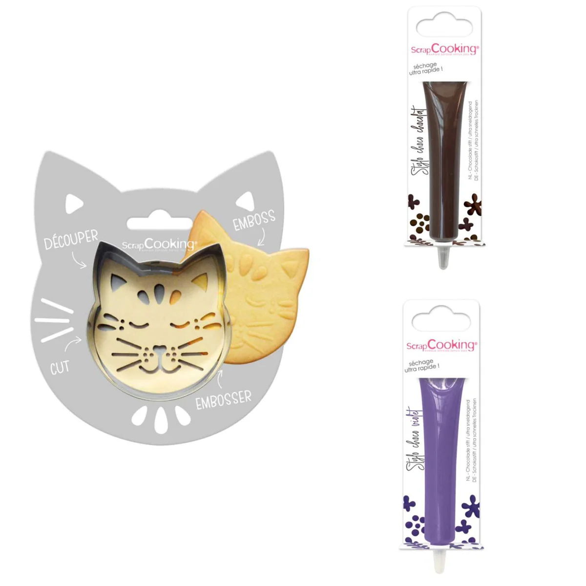 Kit pour biscuit en relief Chat + 2 Stylos au chocolat marron et viole