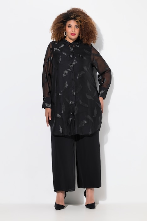 Longbluse, Chiffon, Metallic-Federn, Hemdkragen, Langarm
