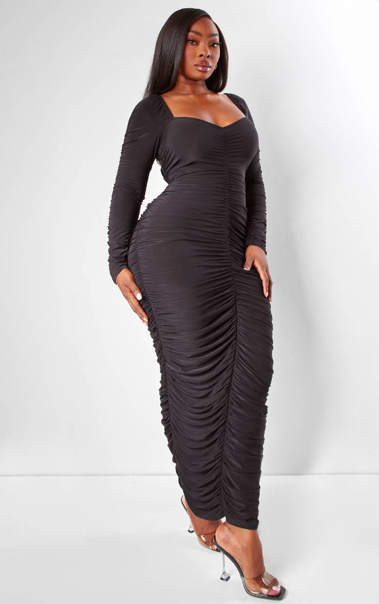 Noir Robe Midaxi Grande Taille À Manches Longues Avec Fronces Extrêmes