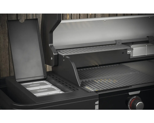 Tenneker® Halo TG-5 U Gasgrill 204,6 x 65,6 x 117 cm 5-pits + zijbrander en achterbrander, gietijzeren rooster, platformsysteem, glazen inzetstuk in het deksel