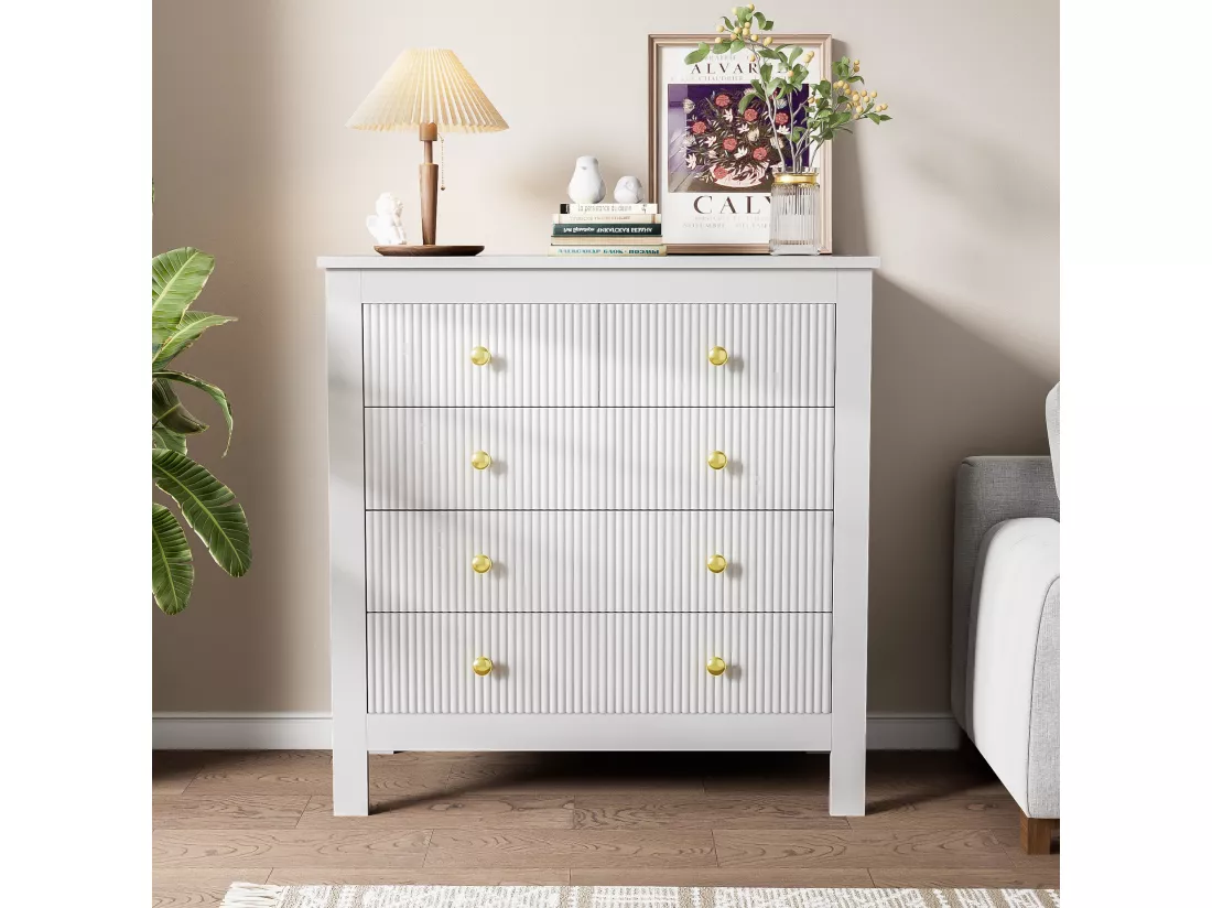 Commode avec 5 tiroirs - 79 x 80.5 x 39.5 cm - Panneaux de particules - pour salon, chambre - Couleur blanc