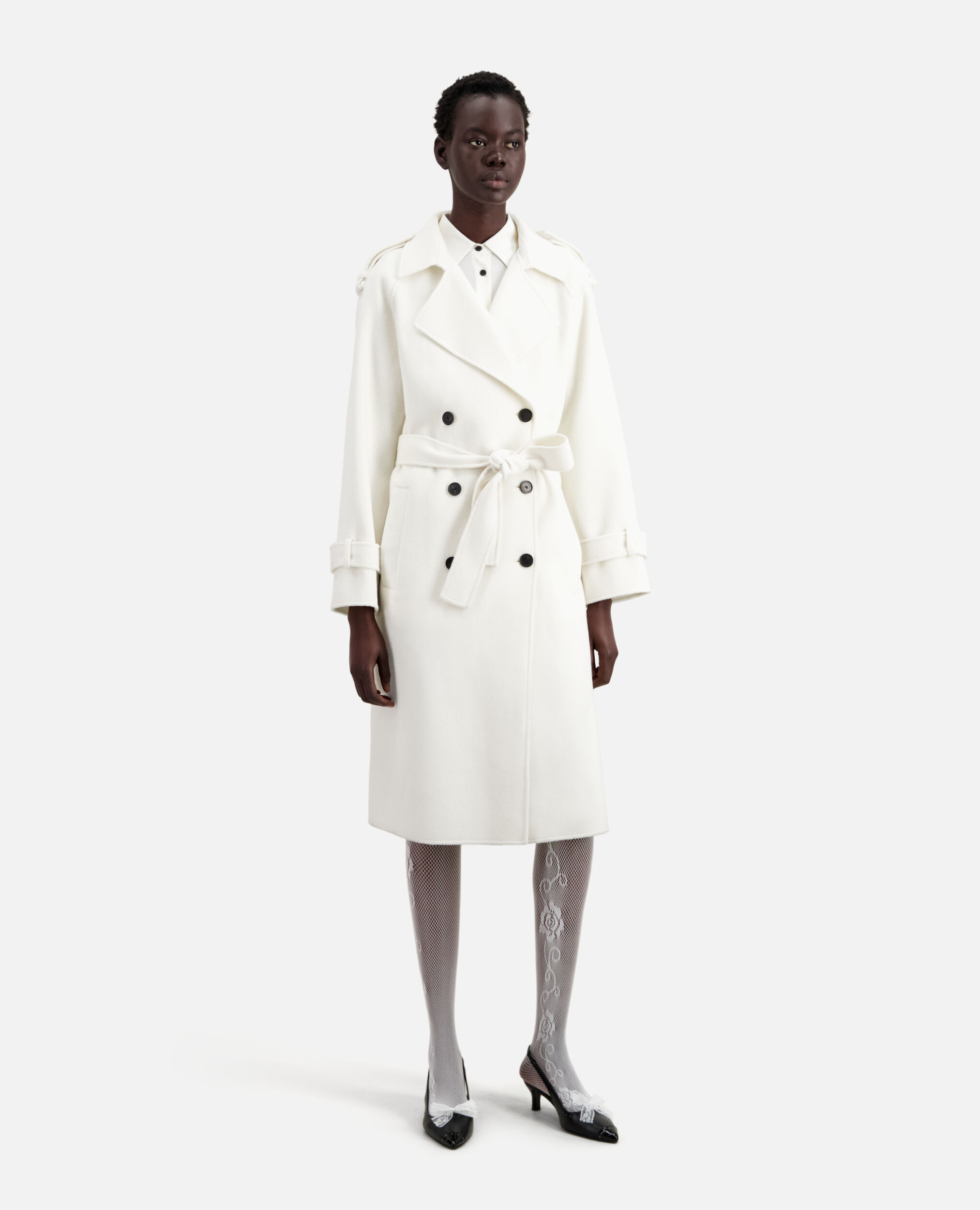 Long ecru wool-blend coat