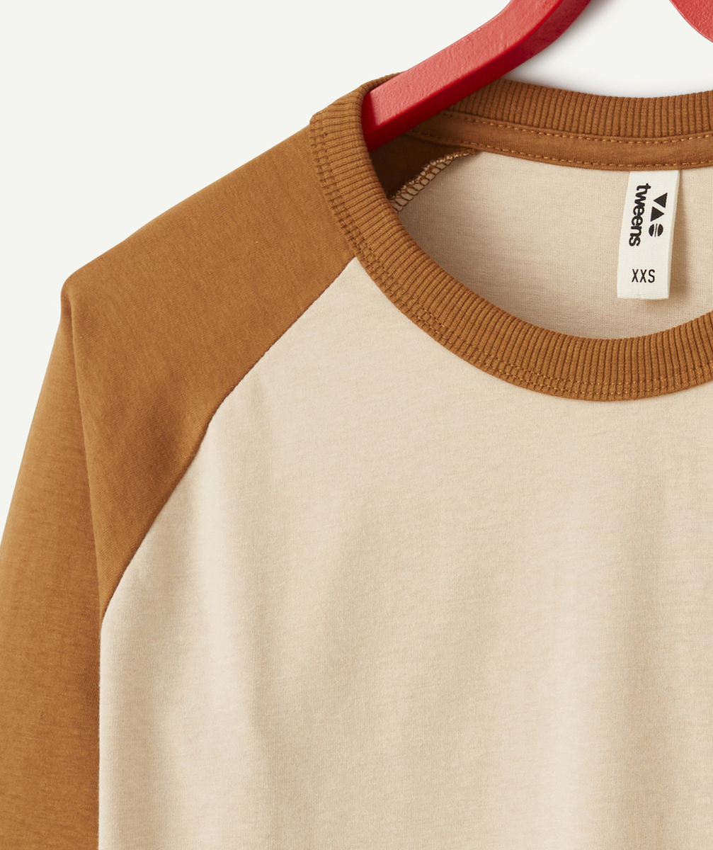 T-SHIRT MANCHES LONGUES GARÇON EN COTON BIOLOGIQUE BEIGE ET MARRON