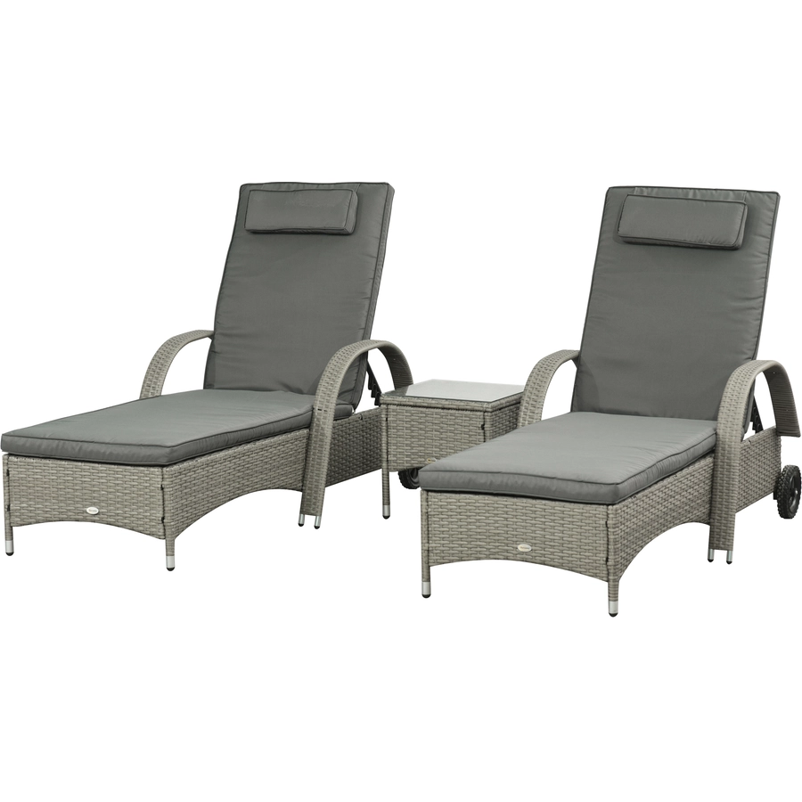 Outsunny Rattan Sonnenliegen mit Tisch grau