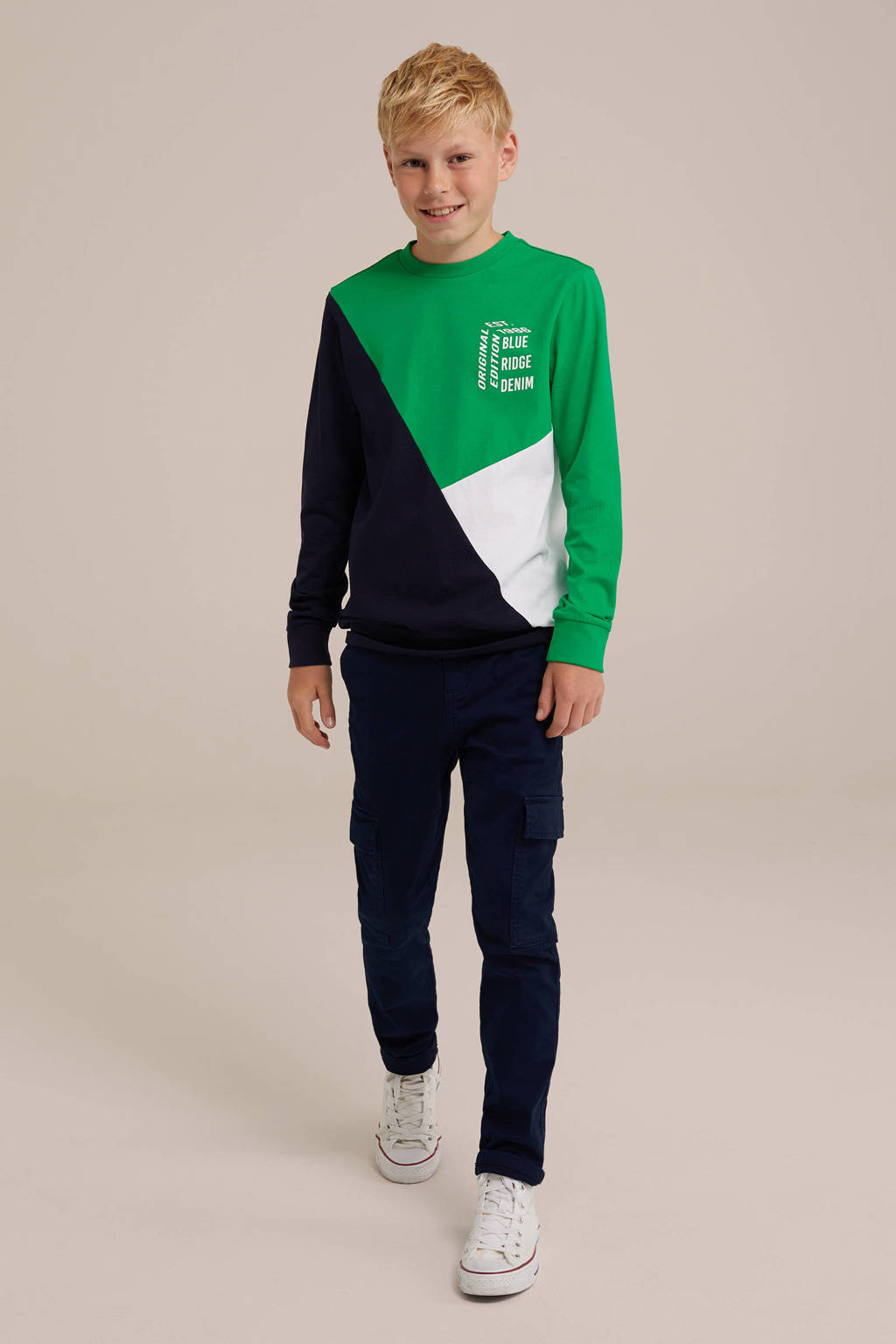 WE Fashion longsleeve groen/wit/blauw