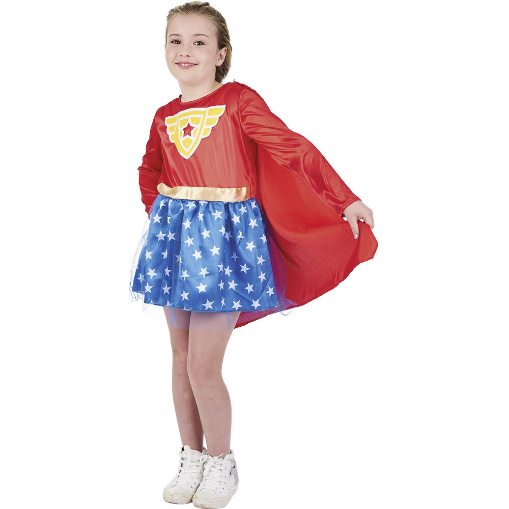Déguisement fille Super héro robe et cape bleu rouge 4/6 ans