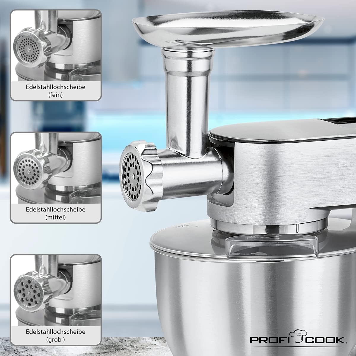 ProfiCook Knetmaschine | Universalküchenmaschine | 3in1 | 8 Geschwindigkeitsstufen | 1500 Watt | 6,7 Liter Edelstahlschüsse | Glas Mixer 1,5 Liter | Fleischwolf | Beleuchteter Drehregler | PC-KM 1189