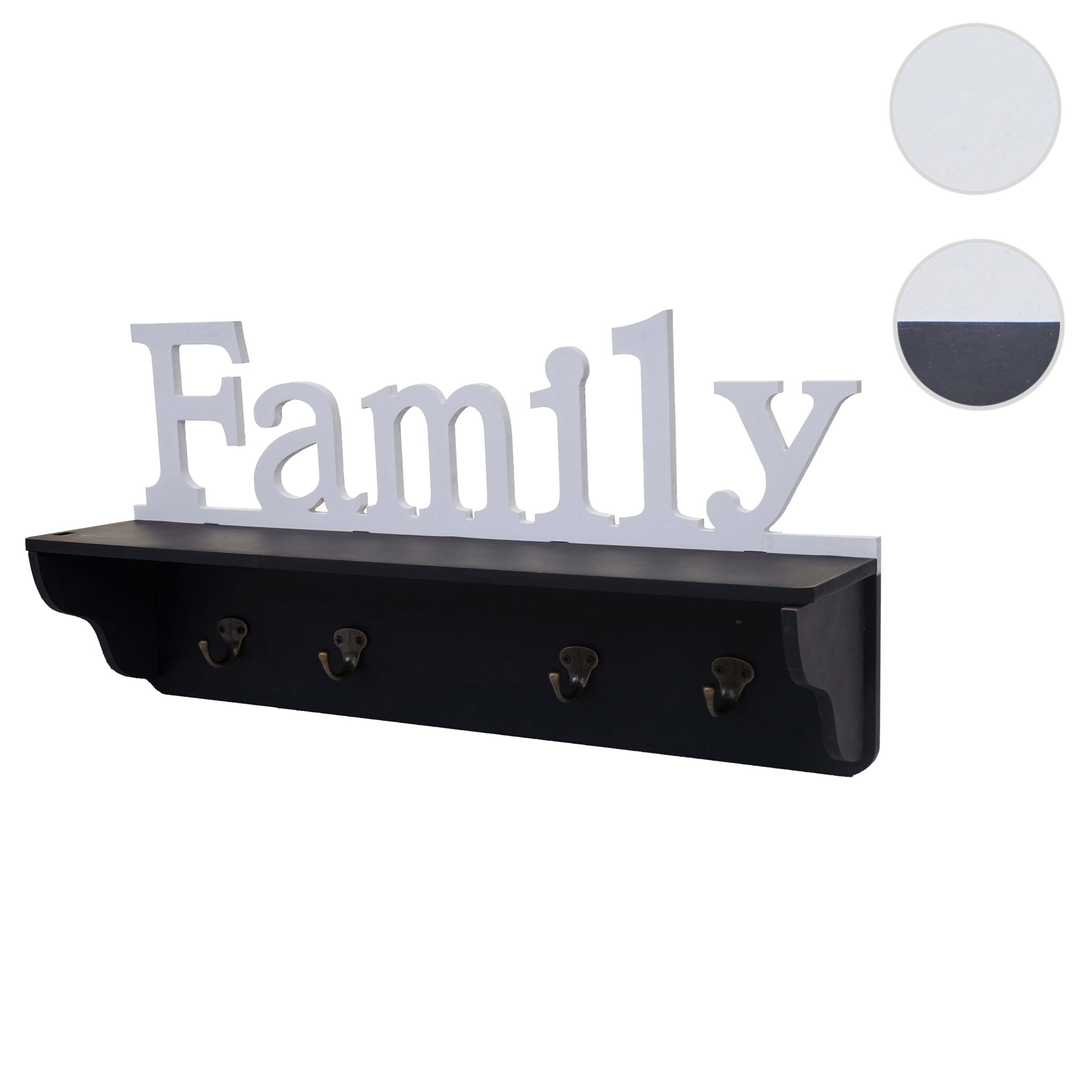 Wandgarderobe MCW-D41 Family, Garderobe Regal, 4 Haken massiv 30x60x13cm ~ schwarz/weiß