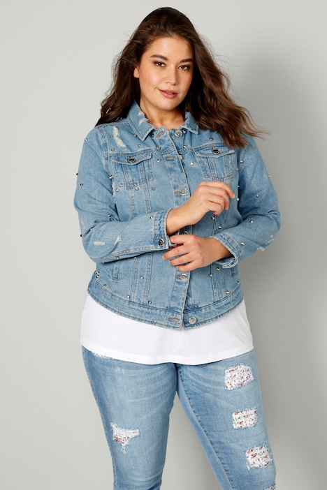 Jeansjacke, Ziernieten, Hemdkragen, Langarm