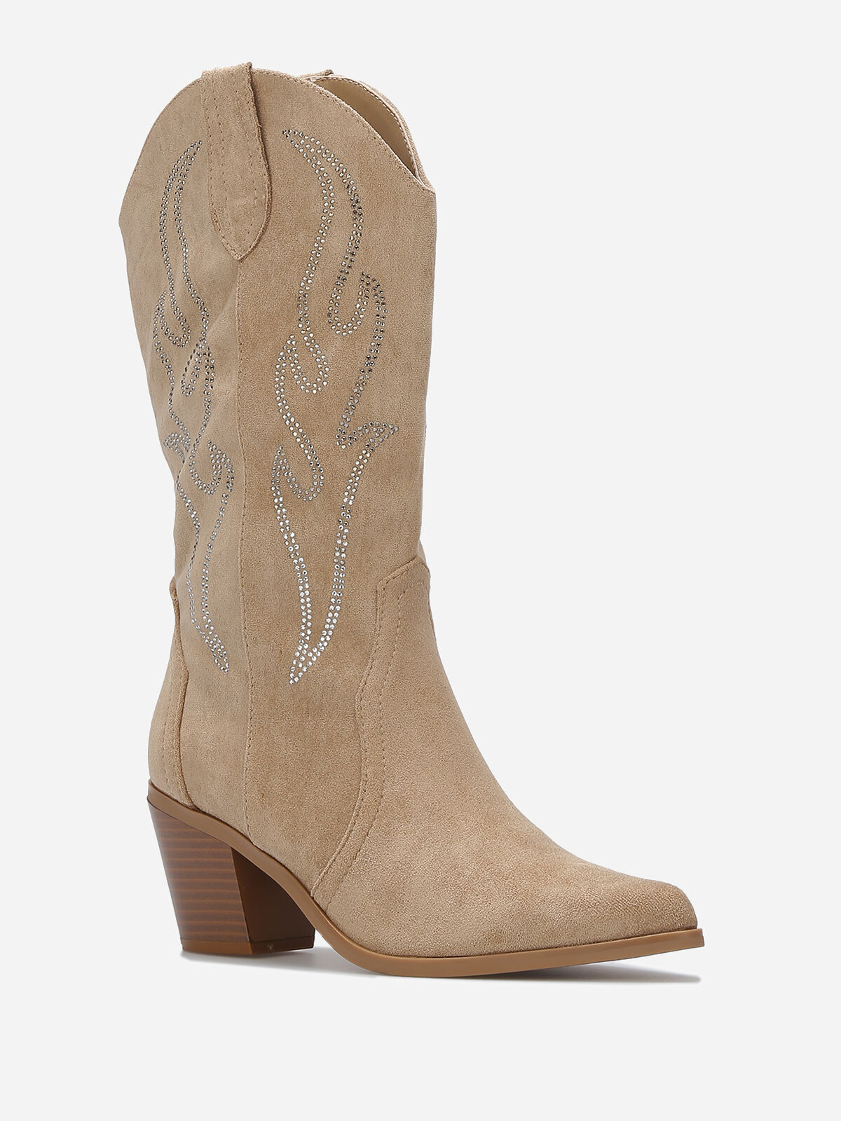 Santiags en suédine à détails strass- Taupe