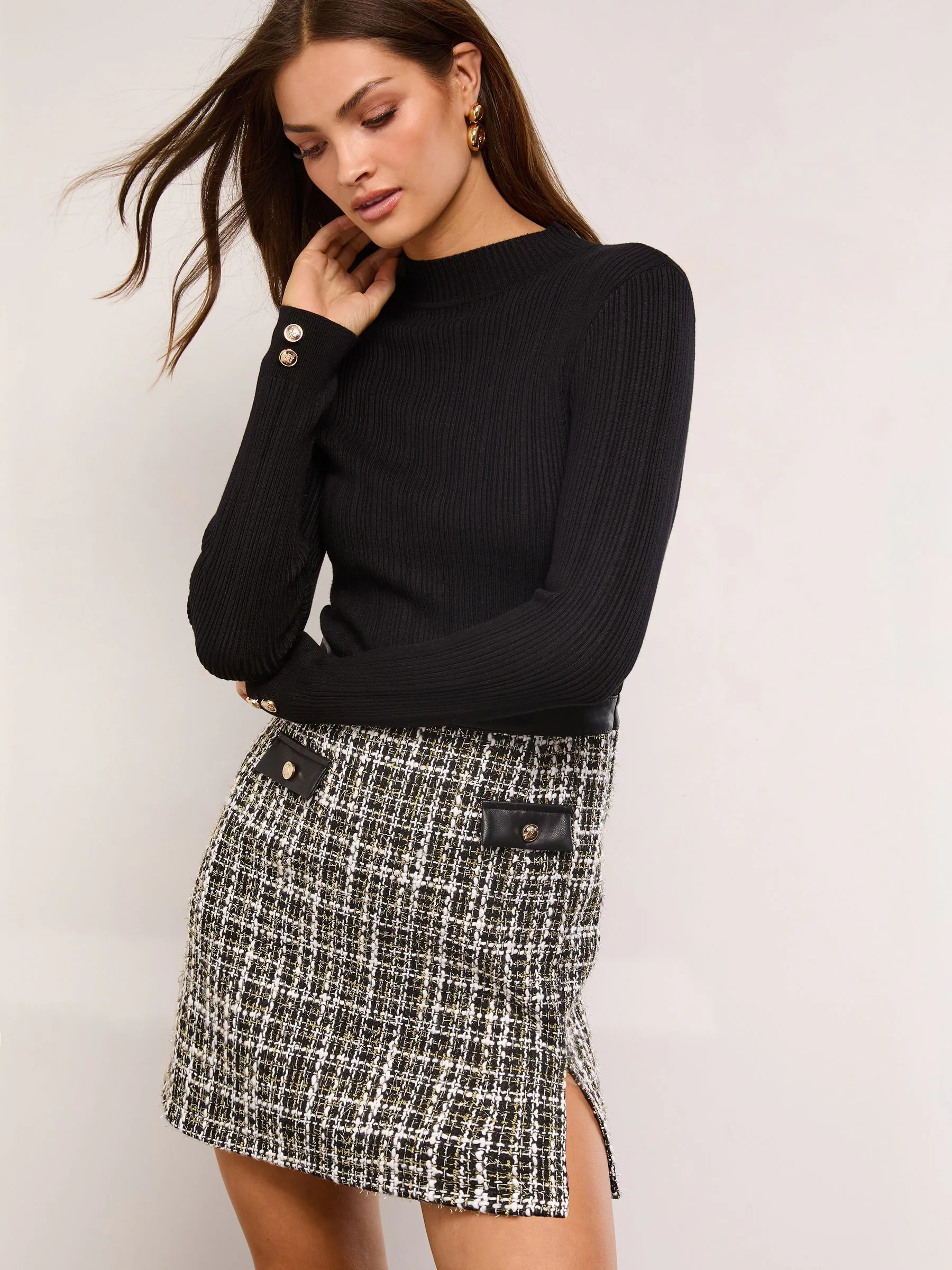 Zwarte bouclé ruit - Lipsy - Gebreide mini-jurk met ronde hals en lange mouwen 2-in-1