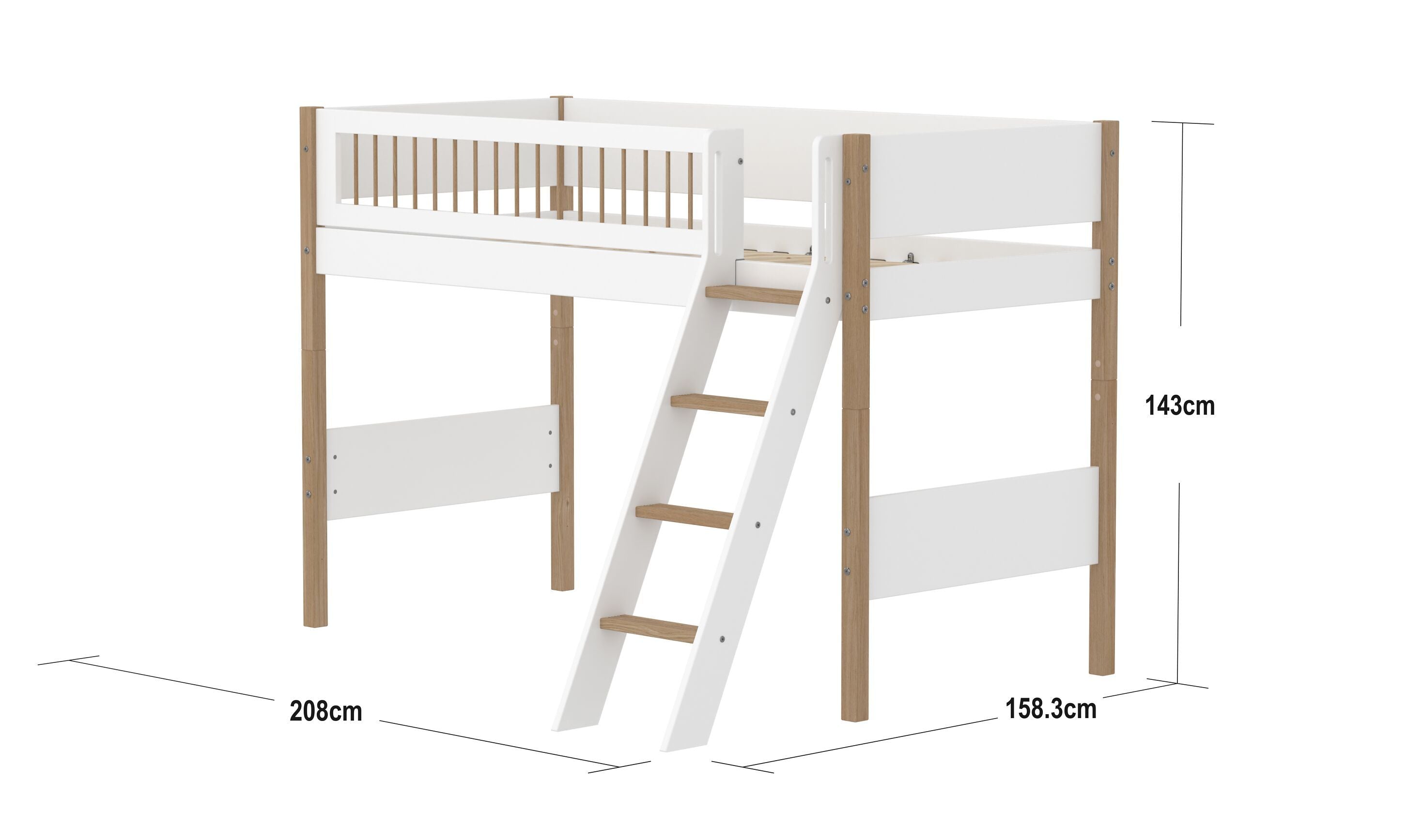 Flexa NOR Schrägleiter Mittelhochbett - Weiss / Eiche / B: 159.0 cm x T: 208.0 cm x H: 143.0 cm