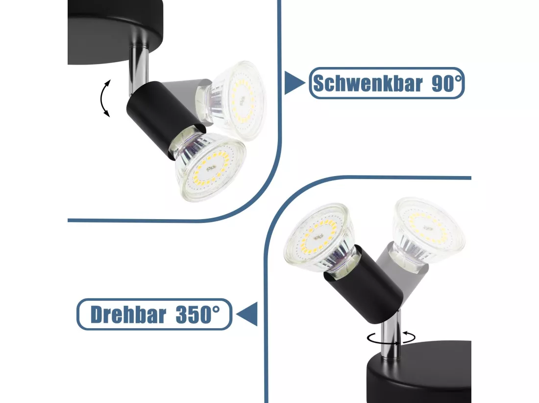 NETTLIFE Spot de plafond LED noir 2 ampoules orientable 350° GU10 industriel