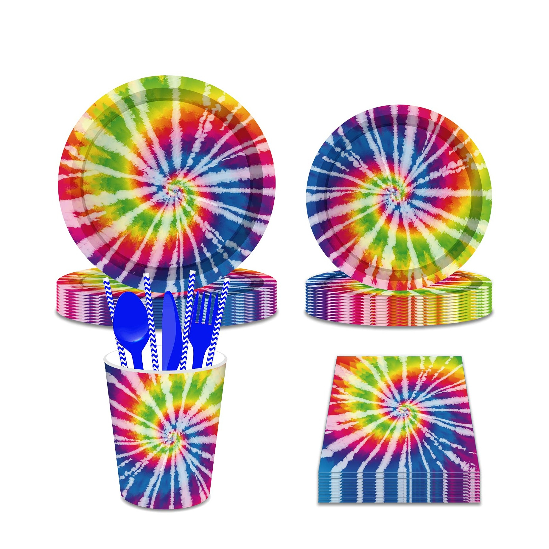 (115-tlg. Set) Einweg Geschirr Tie Dye Party Tisch Dekoration inkl. Latex Luftballons / Tischtuch / Fahnen Girlande - Batik