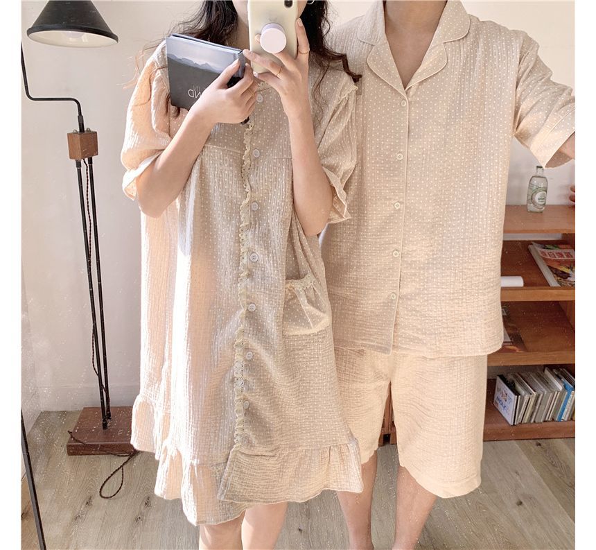 Sadelle - Koppel bijpassende pyjamatop met korte mouwen en stippen, korte broek, jurk en set
