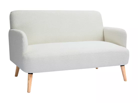 Canapé scandinave 2 places en tissu effet laine bouclée blanc et bois clair ISKO