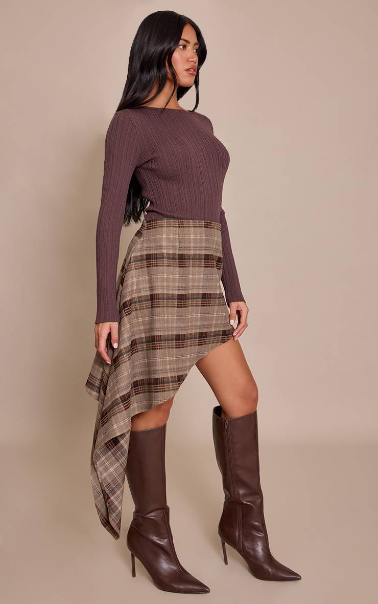 Marron Jupe Mini Asymétrique Tissée Brossée À Carreaux