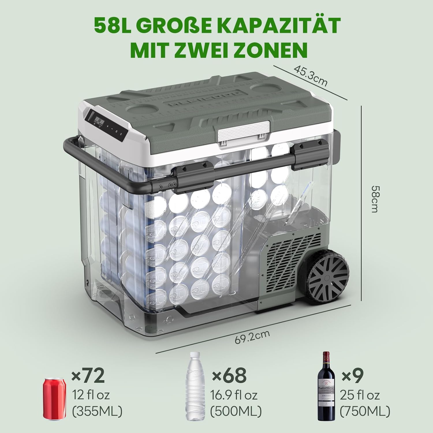Alpicool 58 Liter Kompressor Kühlbox Tragbarer, Kühlbox Auto Mit APP-Steuerung, 12V/24V DC 100-240V AC Kühlschrank für Auto,Camping,Fahrten,Lkw, Boot,Zwei Zonen,-20℃-20℃