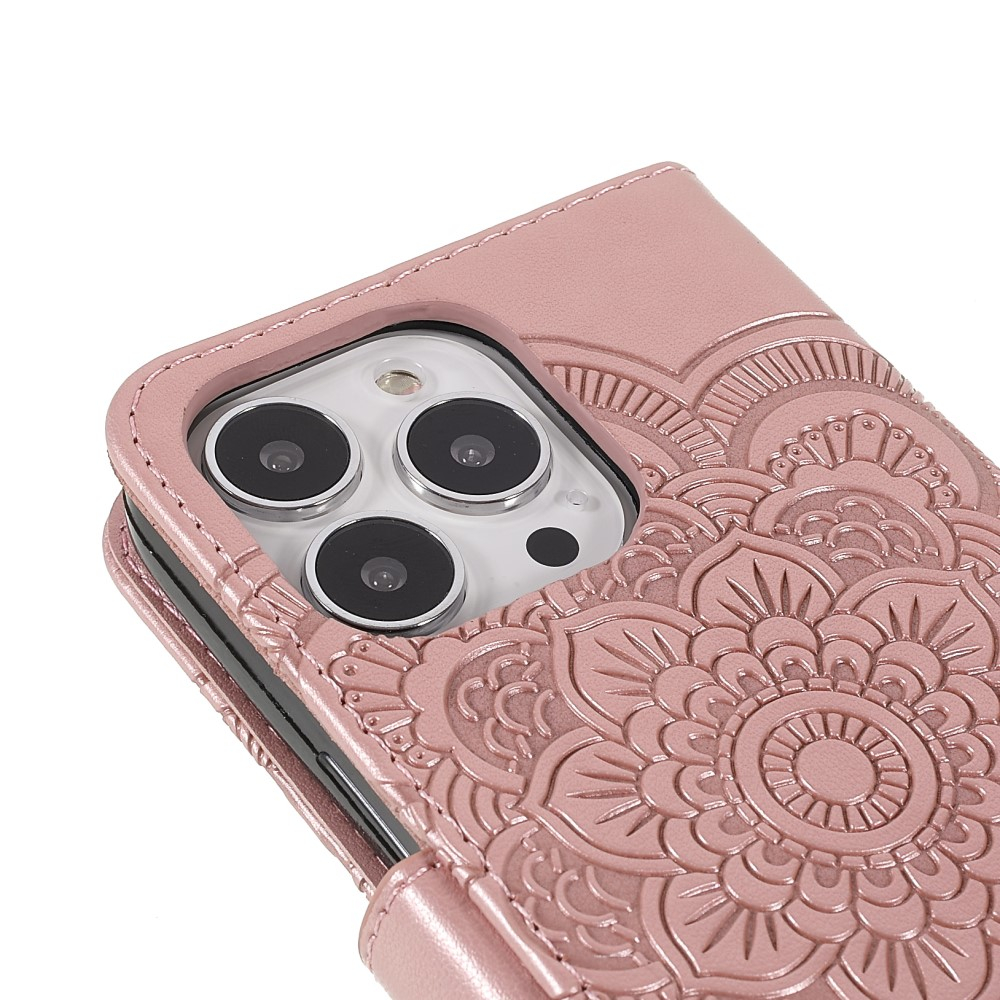iPhone 13 Pro Leder Tasche Wallet - Mandala Flowers Imprint - Roségold