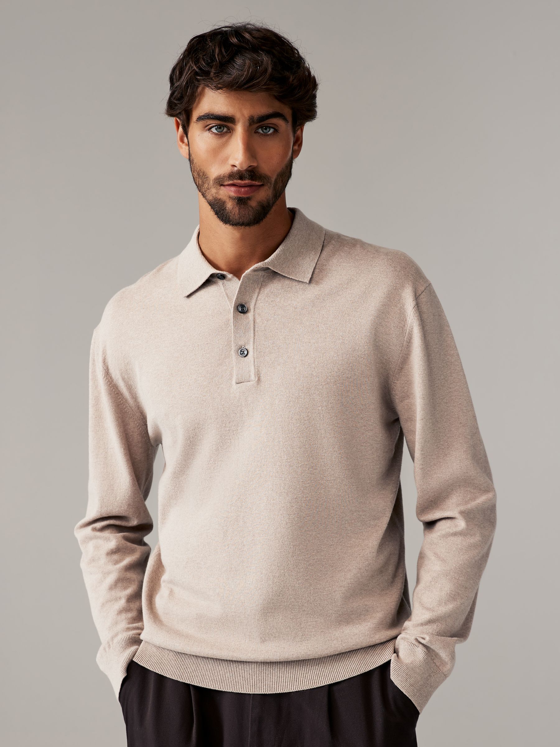 Marineblauw/naturel - Gebreide poloshirts met lange mouwen 2 -pack