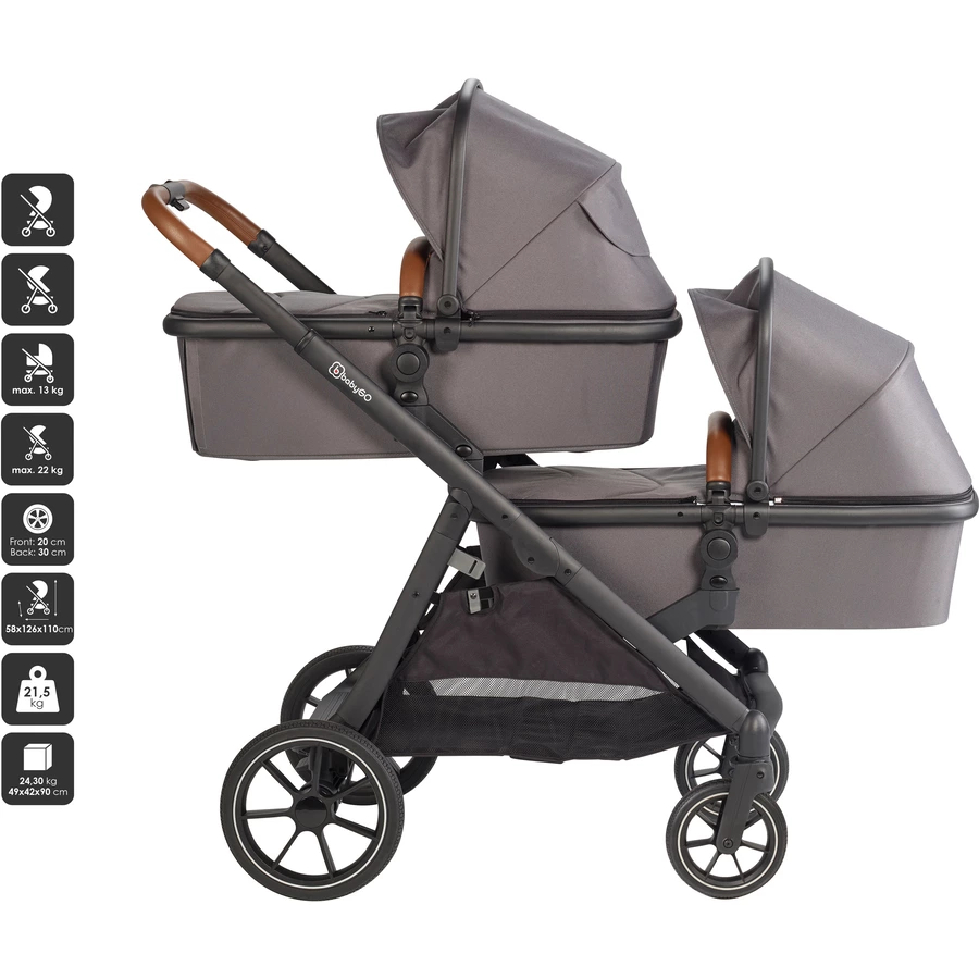 babyGO Geschwisterwagen Duo Grey  brown grip