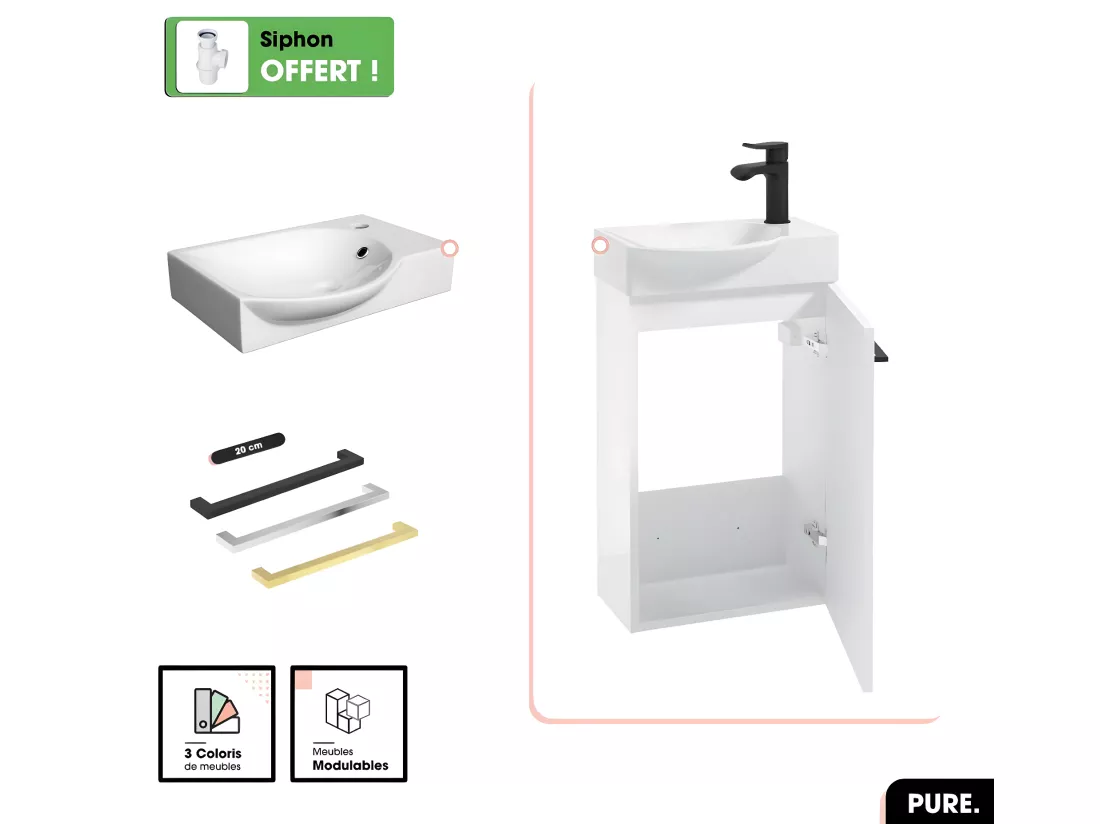 Meuble lave-mains avec vasque - Siphon OFFERT | PURE | Blanc | 39 × 60 × 22